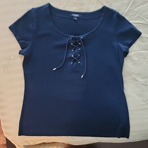 Chaps Navy Lace-Up Short Sleeve Top